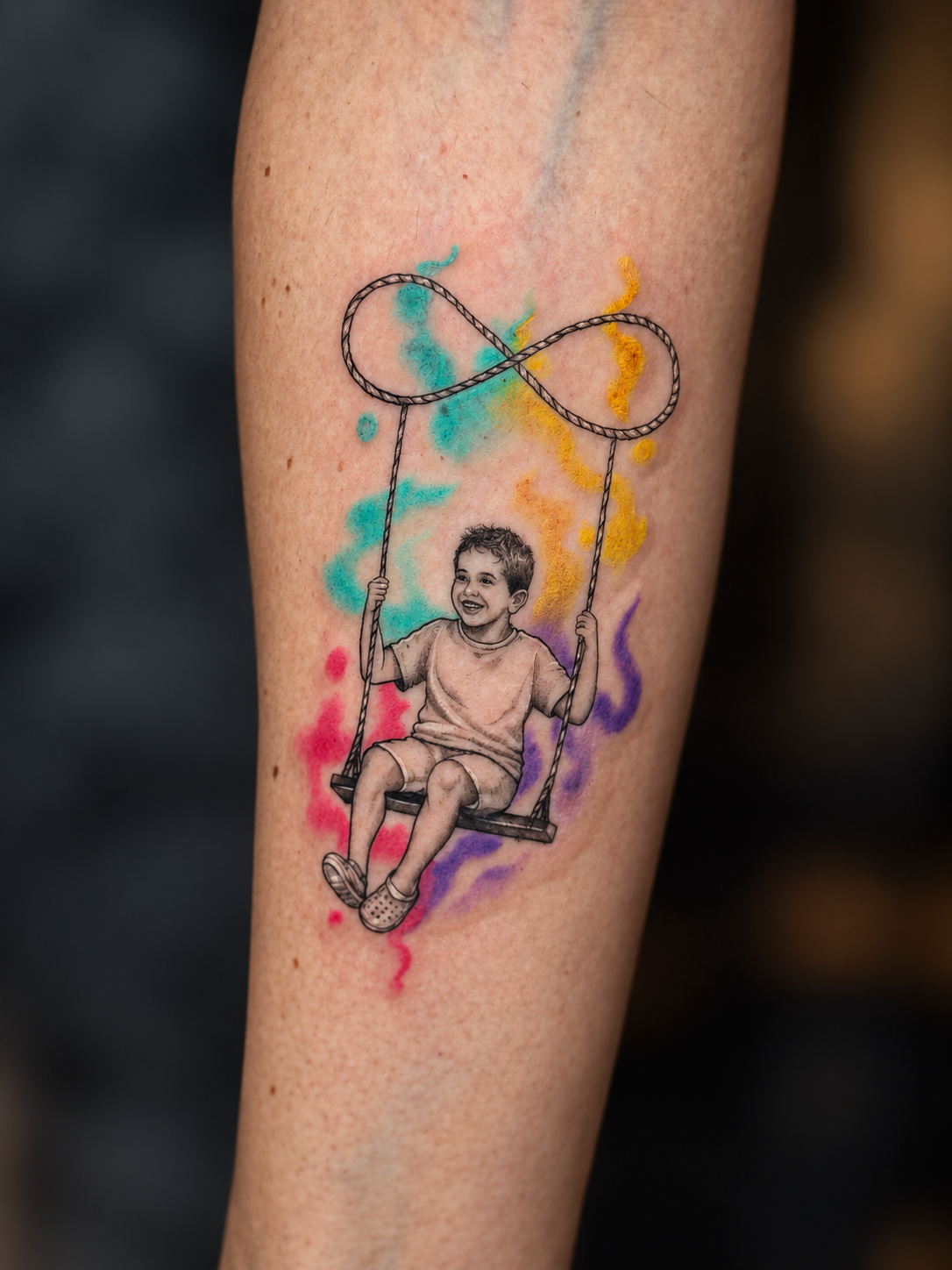 Tatuagem em aquarela de criança no balanço