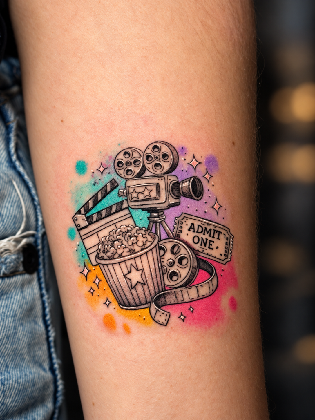 Tatuagem em aquarela com tema de cinema